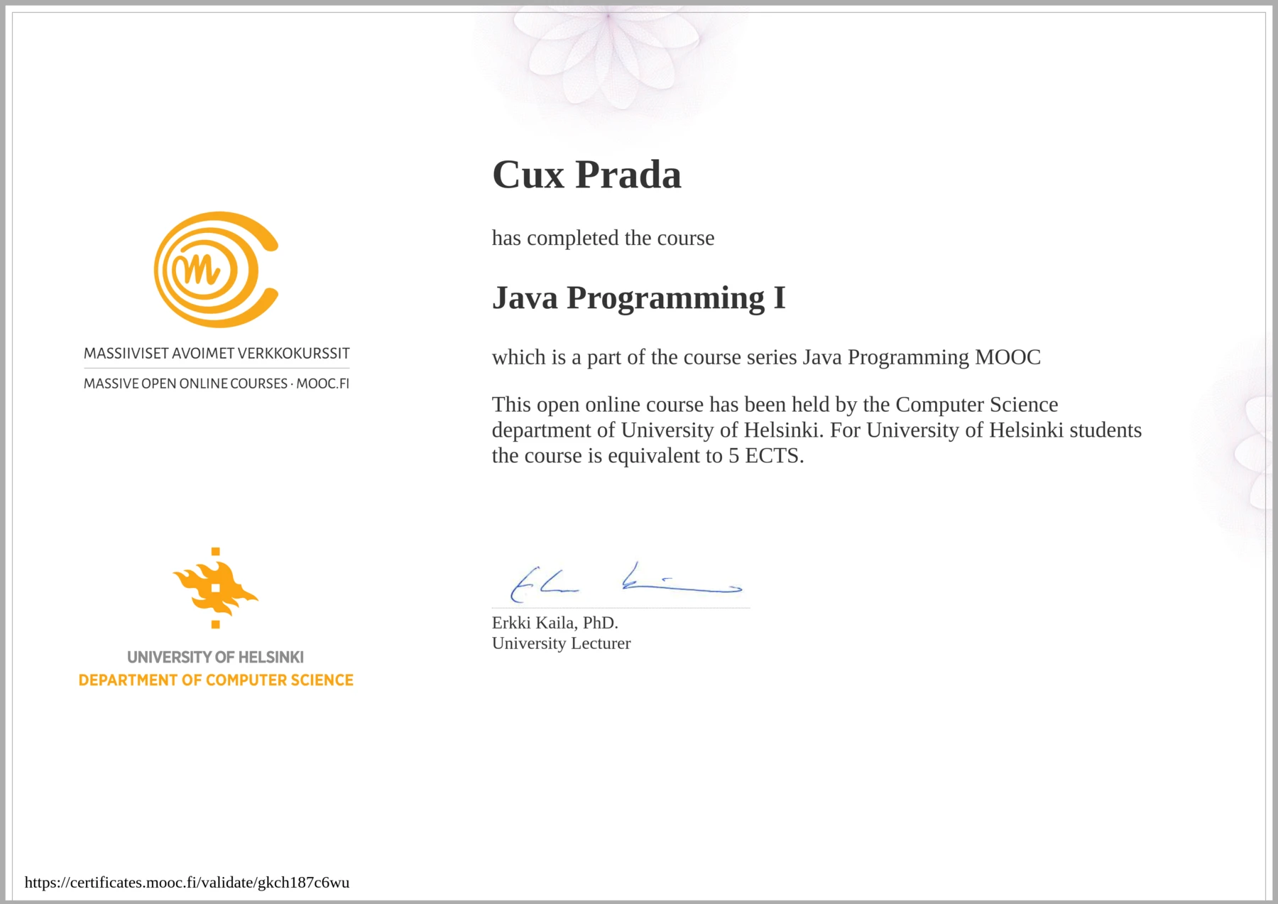 Java Programming certificate